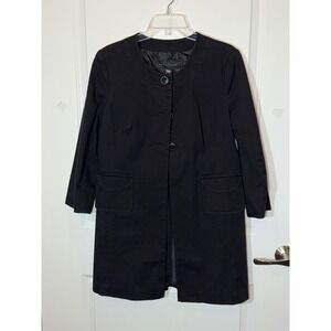 Apostrophe Black Collarless Button Front 3/4 Sleeve Midi Coat Womens